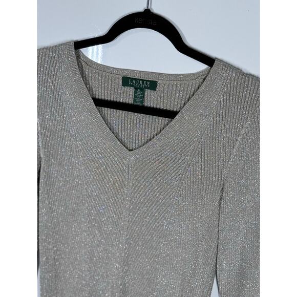 Ralph Lauren V-Neck Winter Preppy Long Sleeve Sweater Metallic Women SizeP/Large - Picture 3 of 8